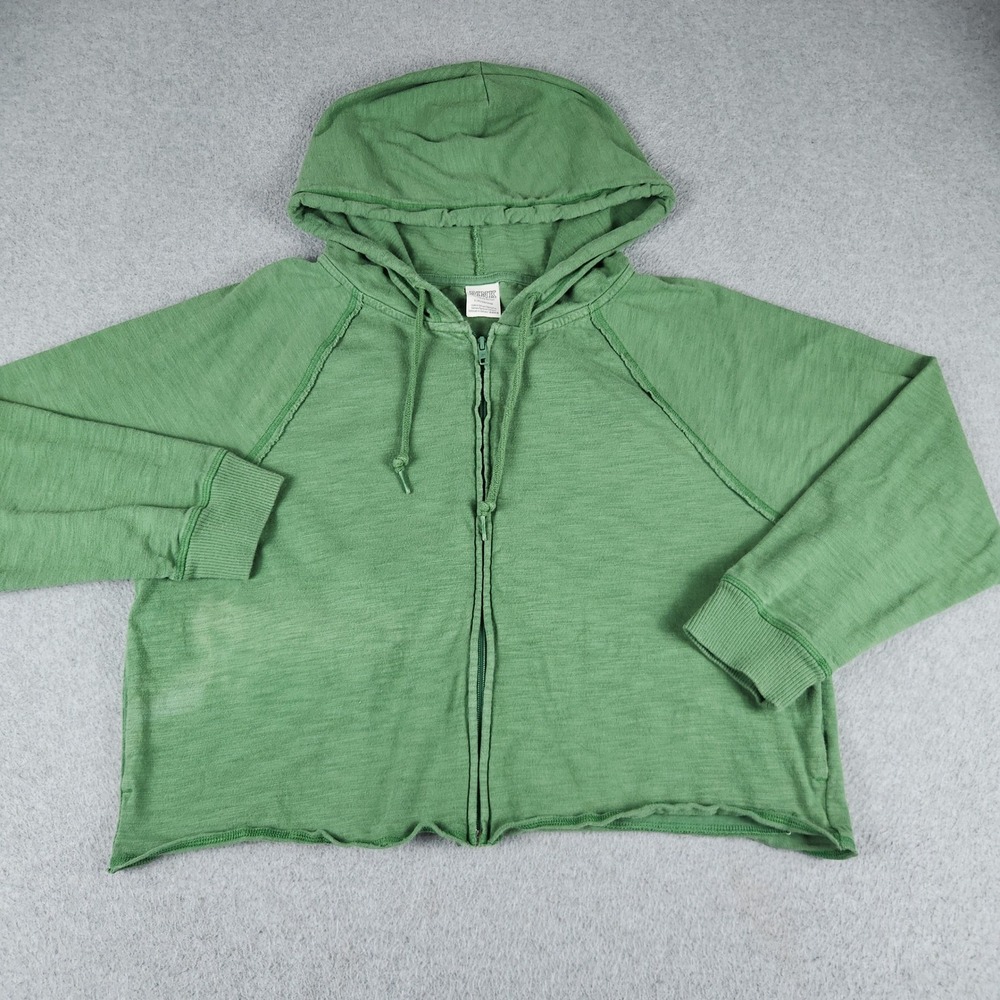 PINK Victoria's Secret Cropped Hoodie Womens L Green Slub Knit Full Zip Raw Hem
